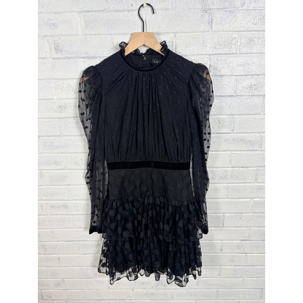 Saloni Mini Dress Womens 2 Black Swiss Dot Sheer Mesh Ruffle Velvet Trim